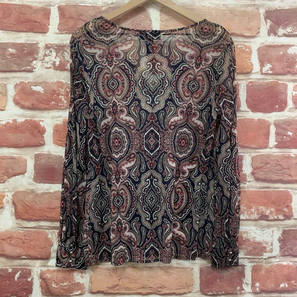 INC Top Shirt Women's Large Multicolor Boho Abstract Sheer Ruffle Button Front - Picture 4 of 8